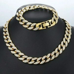18 k yellow gold filled iced Cuban link chain set